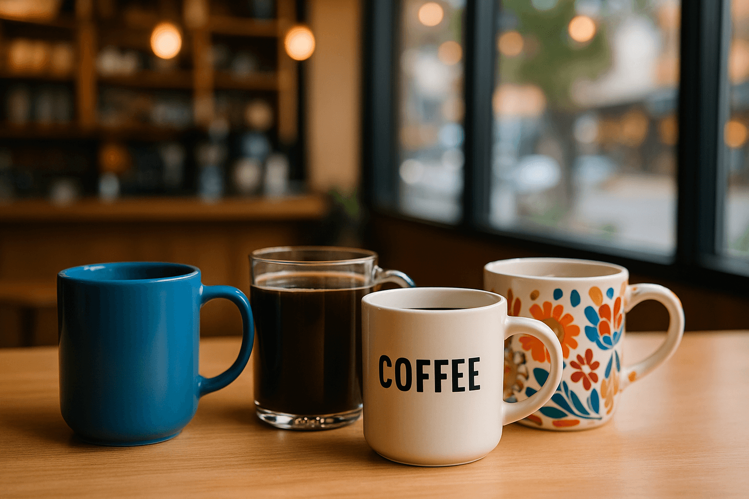 A collection of coffee mugs in a cozy café setting, showcasing diverse styles and colors by Bonehead Pro-Creations.
