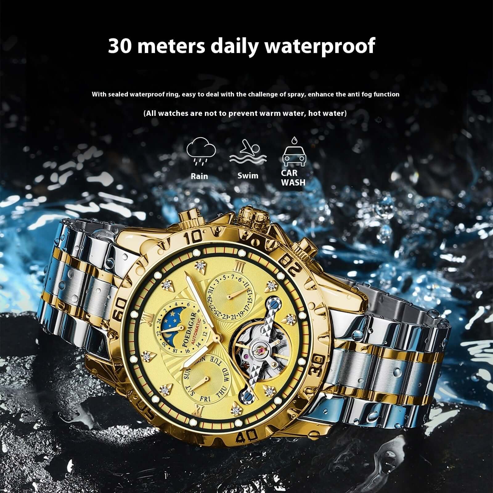 BONEHEAD PRO-CREATIONS gold wristwatch, 30m waterproof, stylish design, perfect for daily wear and swimming.
