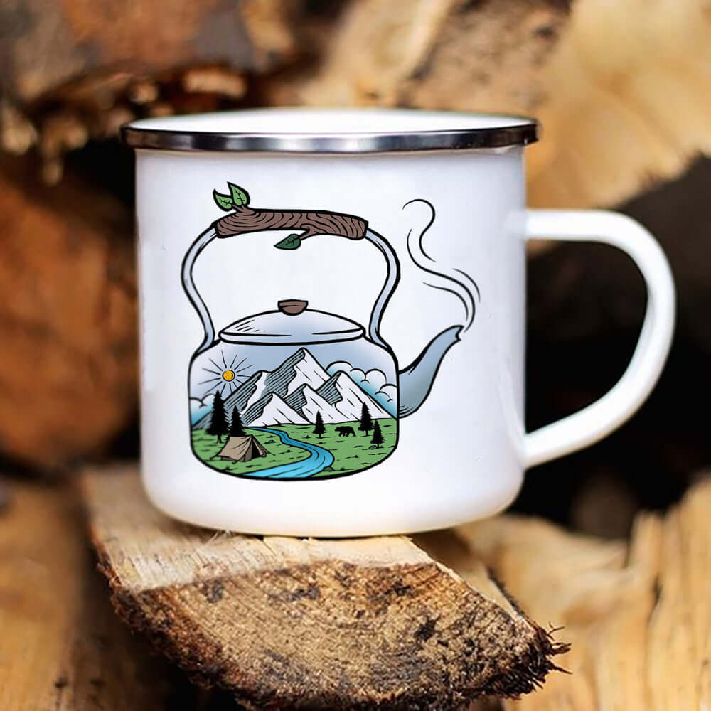 Caravan printed camping enamel mug with mountain and kettle design, perfect for adventures and outdoor use.