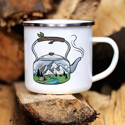 Caravan printed camping enamel mug with mountain and kettle design, perfect for adventures and outdoor use.