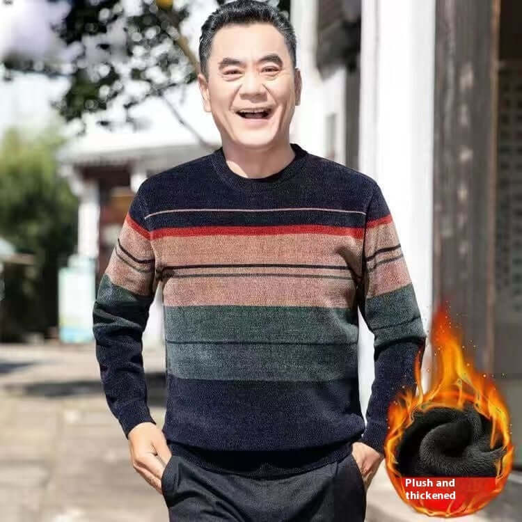 Middle-aged man smiling in a stylish, striped, winter fleece-lined sweater outdoors.