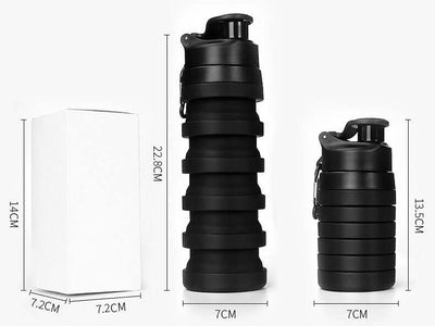 Collapsible black mountaineering water bottle with measurements, showcasing its compact design and portability.