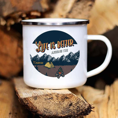 Caravan printed camping enamel mug with mountains and campfire design, perfect for outdoor adventures.
