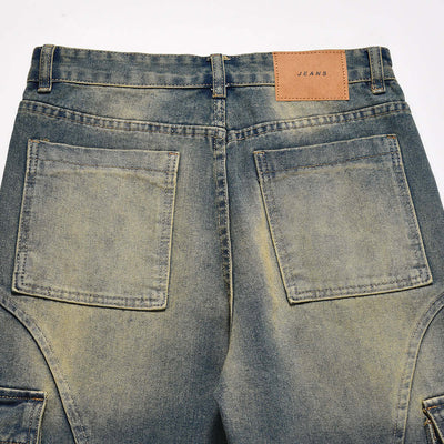 Men's dark blue denim jeans featuring spacious back pockets, ideal for casual wear.