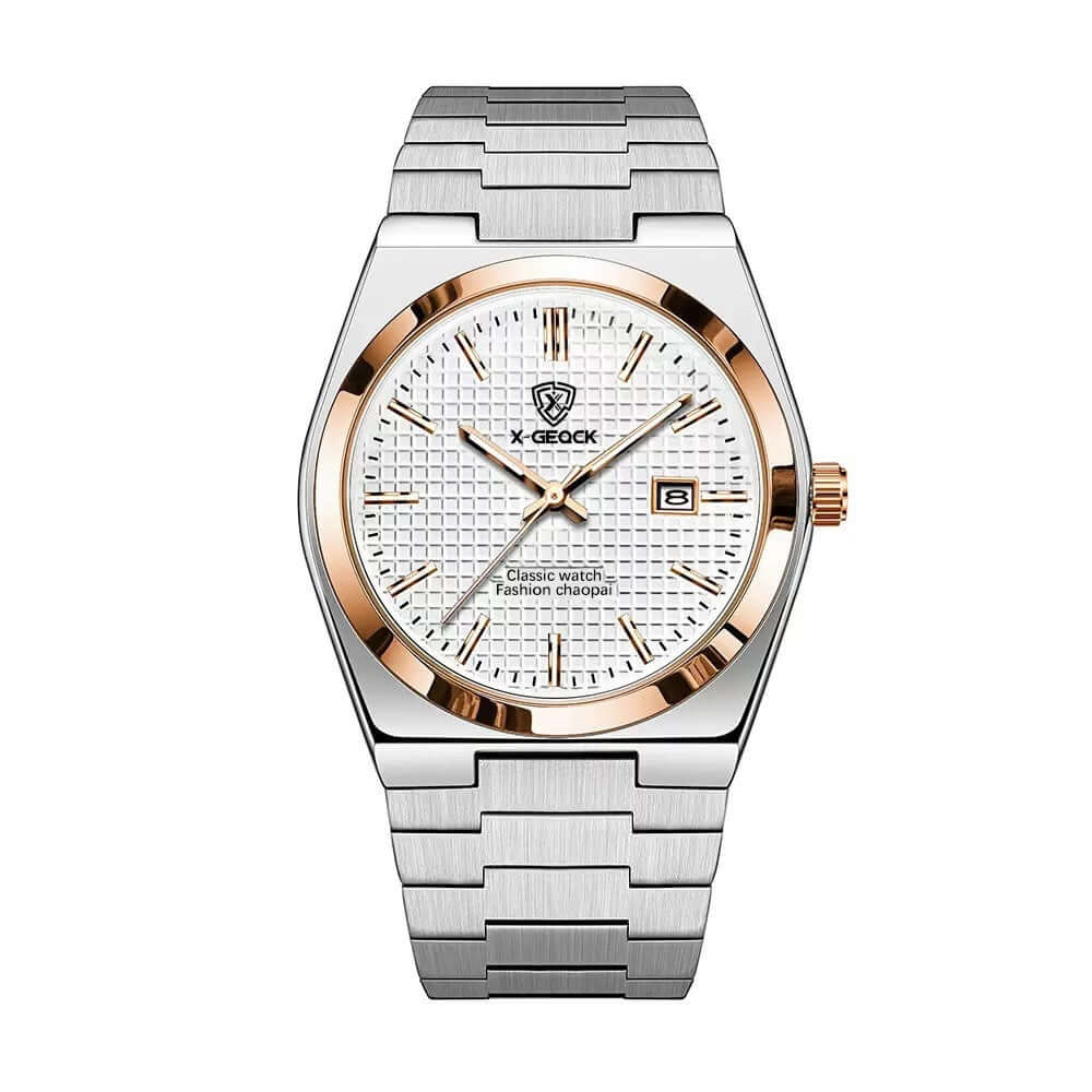 Men's quartz watch with silver and rose gold accents, stylish design, waterproof, featuring a white face and date function.