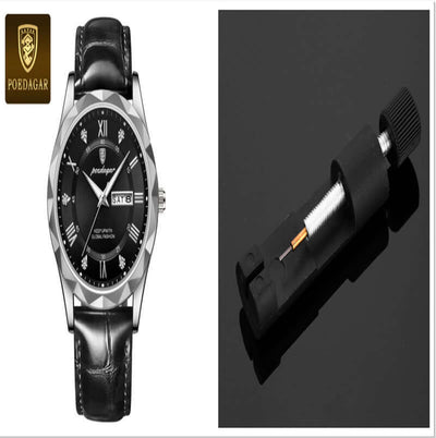 Luxury black leather men's wristwatch with silver accents and detailed dial, alongside a watch tool for adjustments.