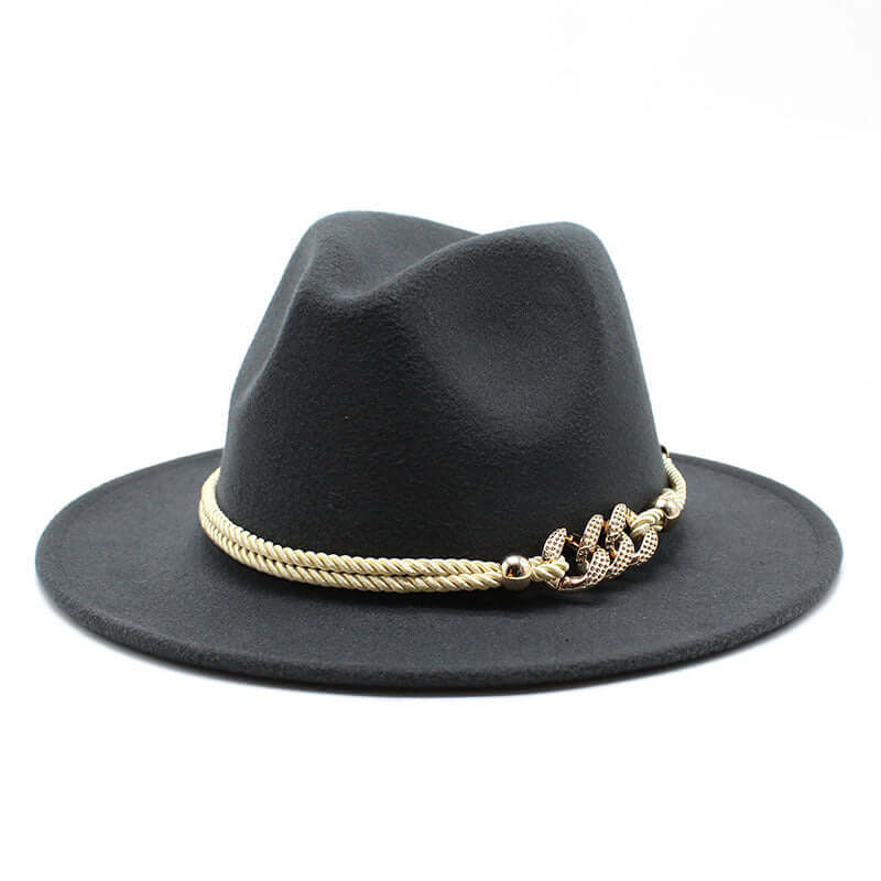 Women's black fedora hat with gold rope accessory from BONEHEAD PRO-CREATIONS, stylish and vintage design.