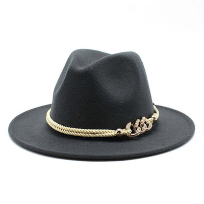Women's black fedora hat with gold rope accessory from BONEHEAD PRO-CREATIONS, stylish and vintage design.