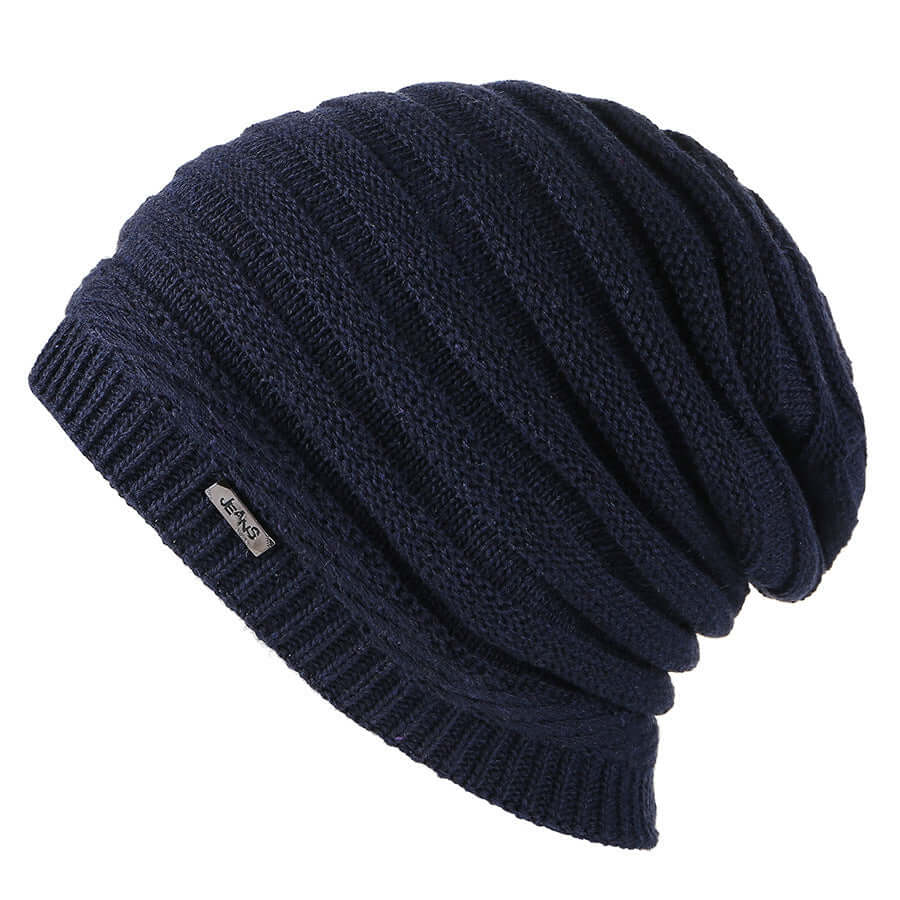 Fashionable dark navy slouchy beanie from BONEHEAD PRO-CREATIONS, versatile for warmth and style.