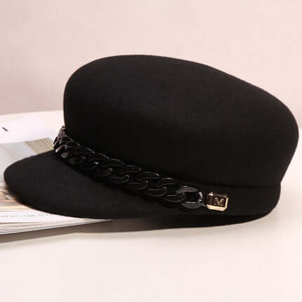 Stylish women's black wool baseball cap with chain detail by BONEHEAD PRO-CREATIONS, perfect for retro fashion.