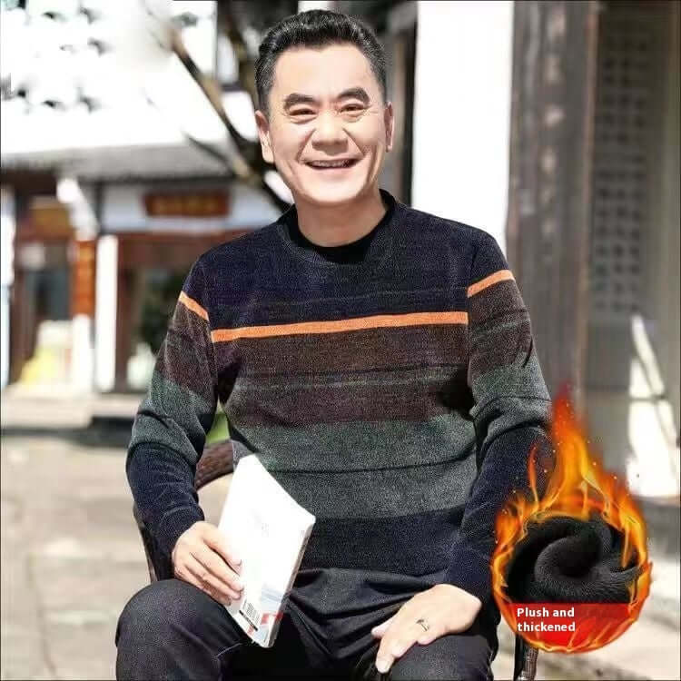 Middle-aged man wearing a warm fleece-lined sweater, showcasing relaxed winter style and comfort, outdoors.