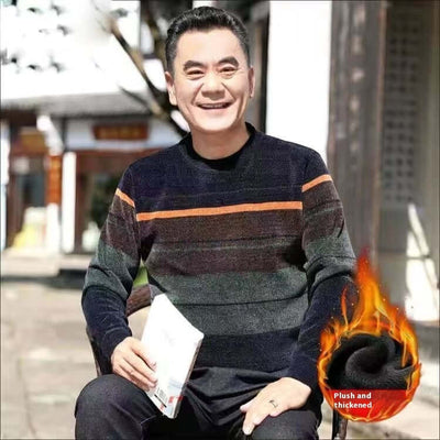 Middle-aged man wearing a warm fleece-lined sweater, showcasing relaxed winter style and comfort, outdoors.
