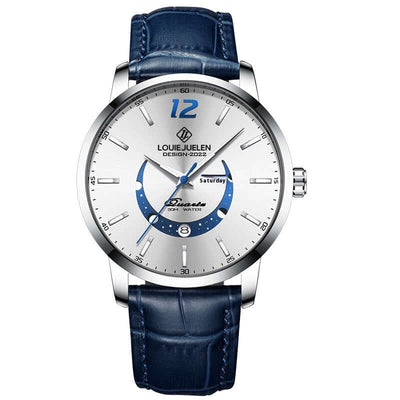 Master Moon Phase Luminous Waterproof Men's Watch with Blue Leather Strap, featuring quartz movement and a sleek design.