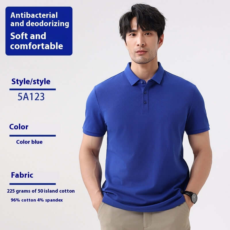 Men's short sleeve blue polo shirt made of 96% cotton, 4% spandex; soft, antibacterial, and deodorizing fabric.