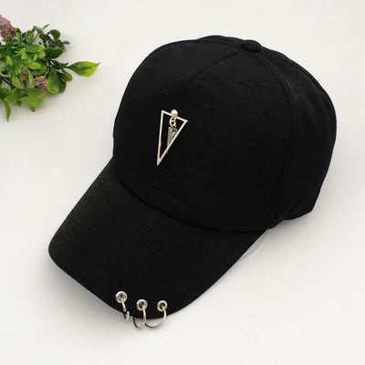 Black baseball cap with triangular emblem and rivets, perfect for men and women. By BONEHEAD PRO-CREATIONS.