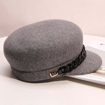 High-end women's wool beret in heather grey with a black chain accent by BONEHEAD PRO-CREATIONS