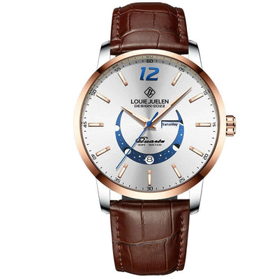 Master Moon Phase Luminous Waterproof Men's Watch with Brown Genuine Leather Strap by BONEHEAD PRO-CREATIONS.
