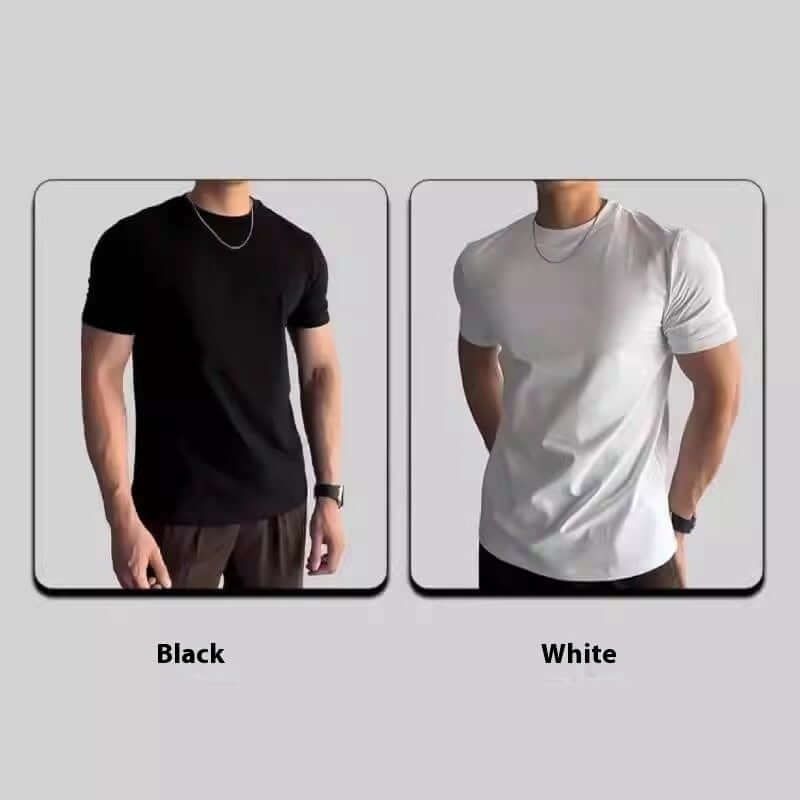 Men's sports fitness short-sleeved T-shirts in black and white color options, showcasing slim fit design.