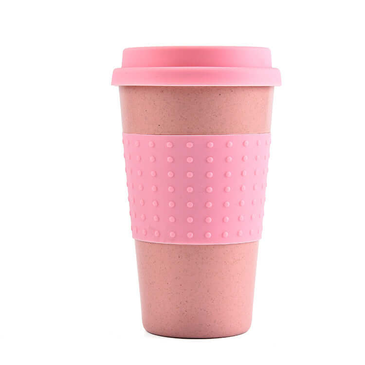 Eco-friendly pink wheat straw cup with silicone lid, ideal for coffee, tea, and outdoor use, 201-300 ml capacity.