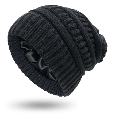 Women's warm black woolen knit satin hat from BONEHEAD PRO-CREATIONS, perfect for autumn and winter protective hairstyles.