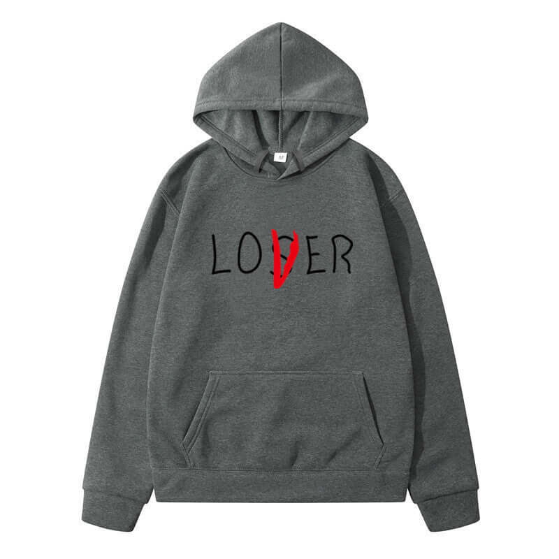 Gray hoodie with 'LOVER' printed in black and red, perfect for couples during winter leisure activities.