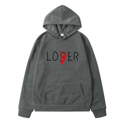 Gray hoodie with 'LOVER' printed in black and red, perfect for couples during winter leisure activities.