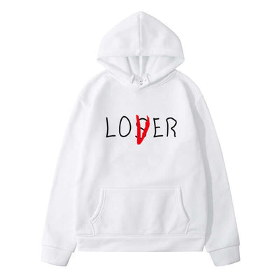 White hoodie with 'LOVER' printed in black and red, perfect for couples in winter leisure wear.