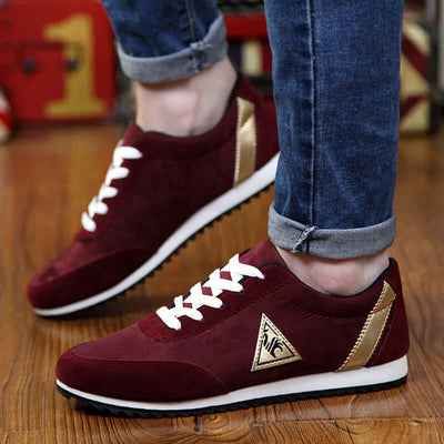 Burgundy Rooster shoes with white laces and gold accents, perfect for casual wear.
