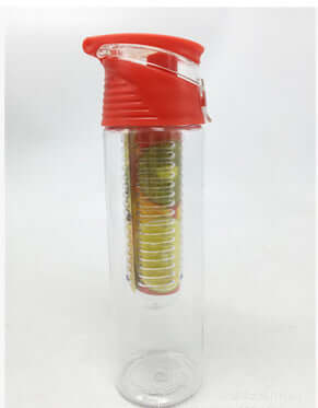 Clear plastic water bottle with red lid and lemon tea steeper for outdoor sports.