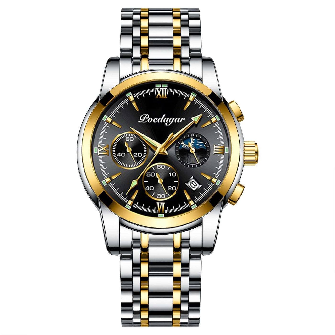 Multifunctional men's quartz watch with black dial and gold accents by BONEHEAD PRO-CREATIONS, featuring chronograph and waterproof design.