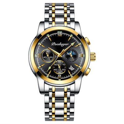 Multifunctional men's quartz watch with black dial and gold accents by BONEHEAD PRO-CREATIONS, featuring chronograph and waterproof design.