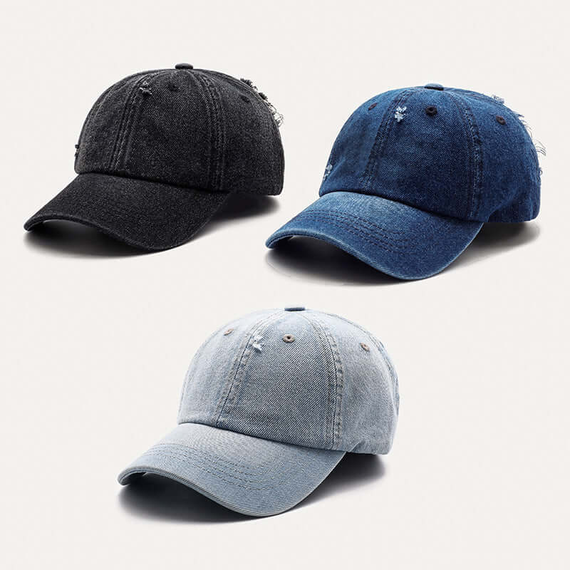 Stylish denim baseball caps in black, dark blue, and light blue by BONEHEAD PRO-CREATIONS, perfect for all seasons.