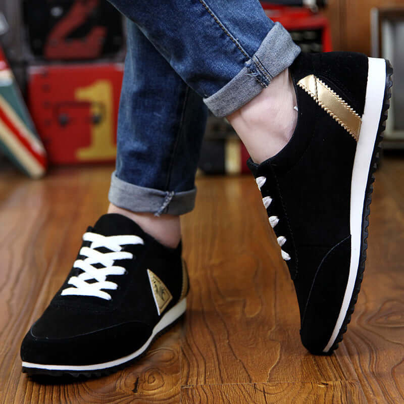 Stylish black Rooster shoes by BONEHEAD PRO-CREATIONS with gold accents, ideal for casual wear.