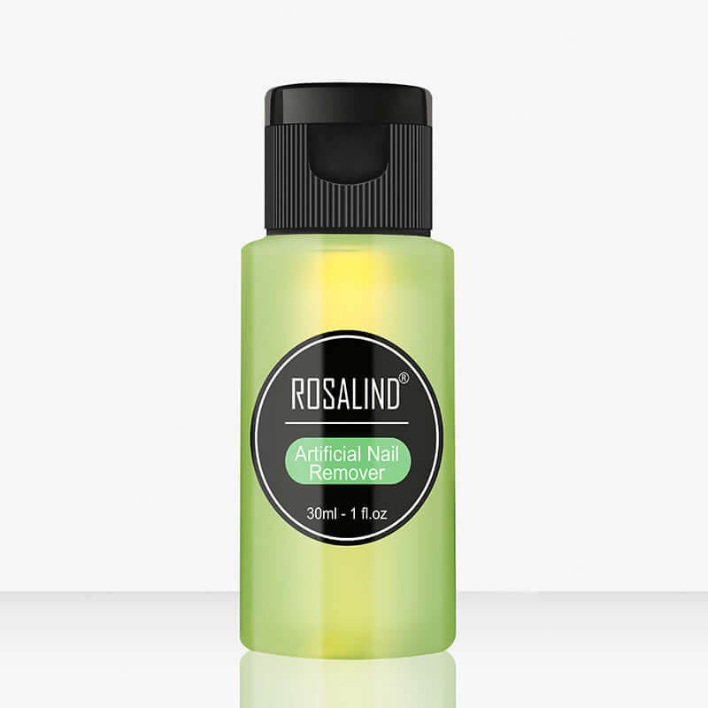 ROSALIND 30ml artificial nail remover in green bottle suitable for all skin types, effective for removing nail gel.