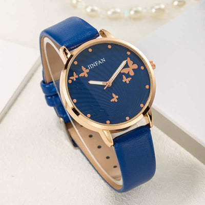 Casual student quartz wrist watch with blue imitation leather strap and butterfly design, by BONEHEAD PRO-CREATIONS.