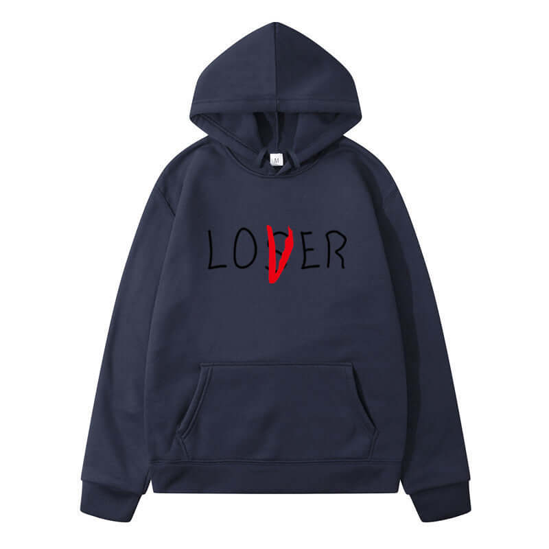 Navy hoodie for couples featuring 'LOVER' print; cozy polyester cotton blend for leisure wear.