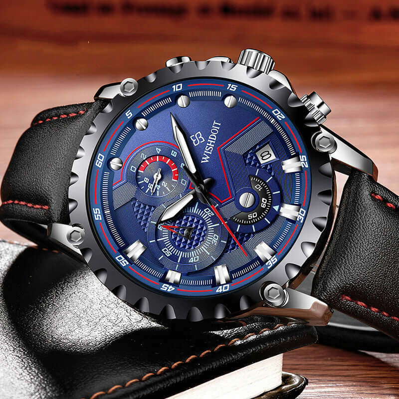 Men's BONEHEAD PRO-CREATIONS quartz wristwatch with a blue dial and black leather strap, stylish and functional.