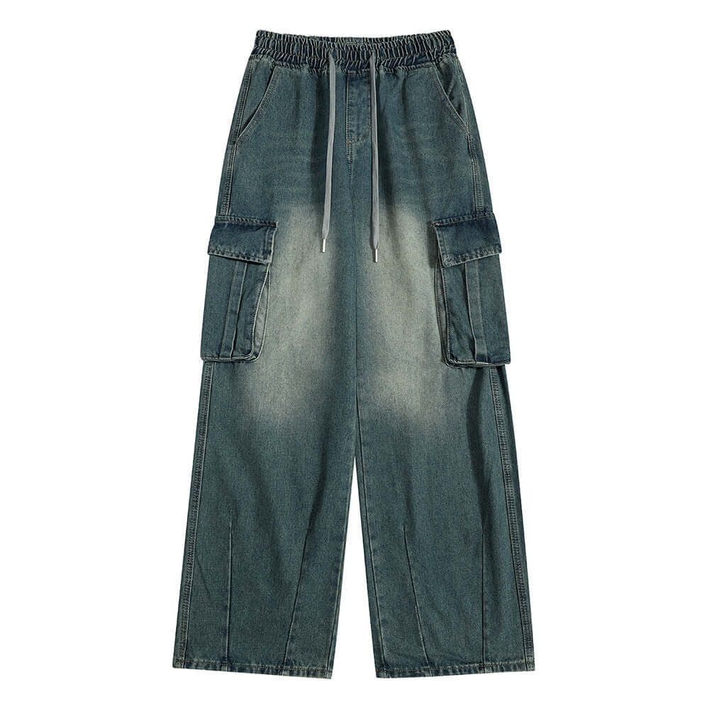Men's denim trousers in blue with cargo pockets, suitable for youth, casual and fashion work wear.