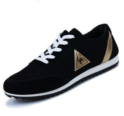 Casual black suede men's shoes with white laces and gold accents, breathable and lightweight for comfort.
