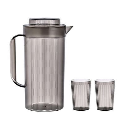 Modern black plastic cold water bottle set with two matching cups, perfect for refreshing drinks.