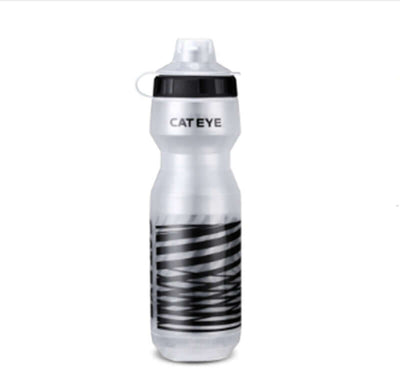 Bicycle water bottle by Cat Eye, designed for cycling with a sleek black and clear design, ideal for hydration on rides.