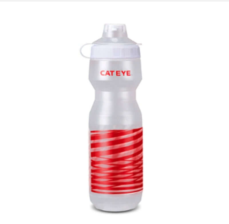 Clear bicycle water bottle with red design, perfect for cycling sports and hydration during rides.