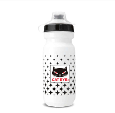 CatEye bicycle water bottle with black and white design, perfect for cycling and sporting activities.