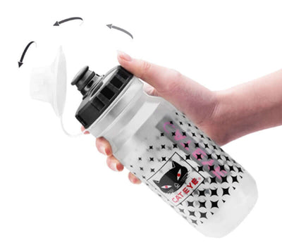 Bicycle water bottle in hand with black and white design, perfect for cycling and sports hydration.