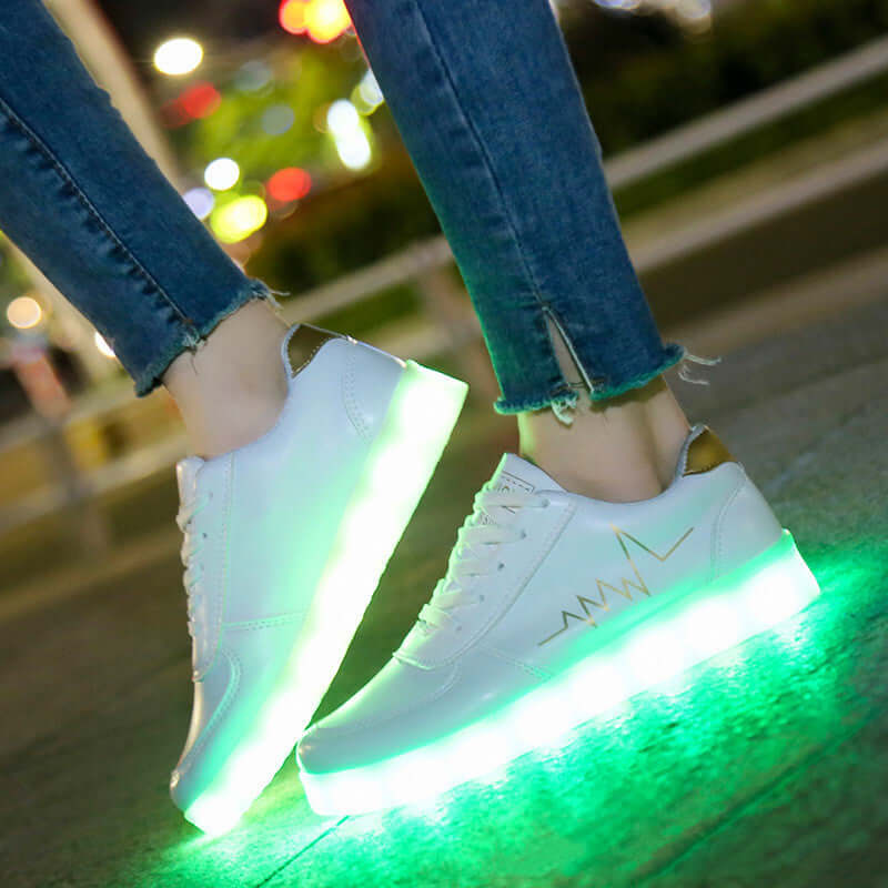 Luminous white LED flash shoes for women with USB charging, perfect for night outings by BONEHEAD PRO-CREATIONS.