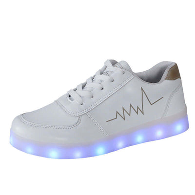 Luminous USB charging LED flash shoes for women by BONEHEAD PRO-CREATIONS, white with blue light trim.