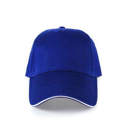 Blue baseball cap with white accents, ideal for custom embroidery and advertising, suitable for all ages.