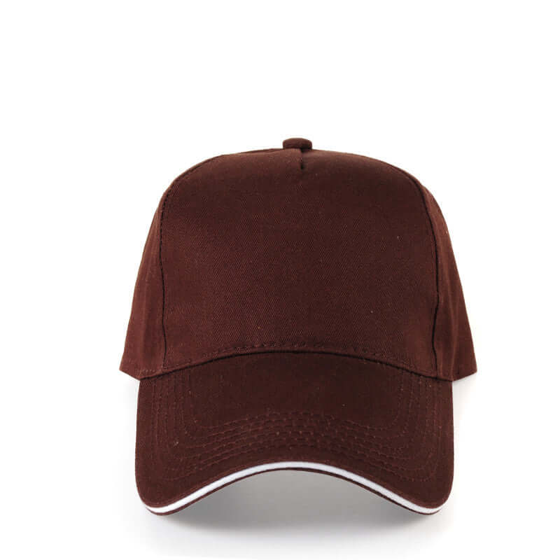 Brown baseball cap with white accent, customizable for embroidery, suitable for men's and women's advertising.
