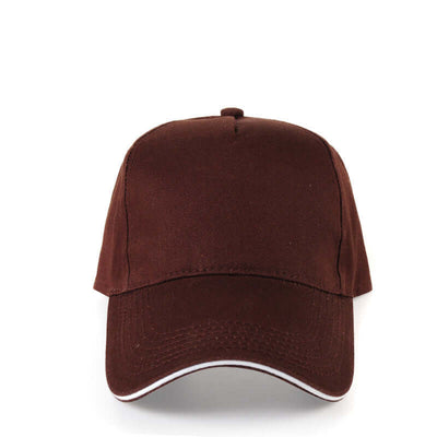Brown baseball cap with white accent, customizable for embroidery, suitable for men's and women's advertising.