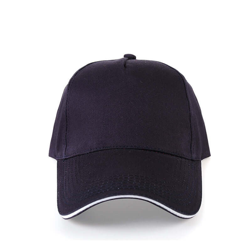 Custom navy baseball cap with white trim, perfect for embroidery, suitable for men, women, and children's teams.